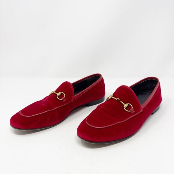 Gucci Red Velvet Horsebit Jordaan Loafers Size 38 - Picture 3 of 15